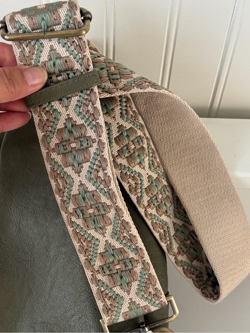 Antik Kraft Olive Green Leather Sling Bag with Patterned Strap - Picture 5 of 5